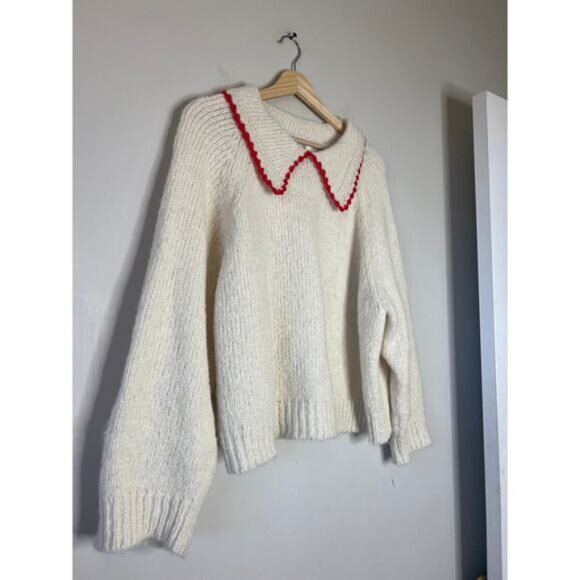 NEW The Great. Crochet Collar Mid-Weight Knit Long Sleeve Soft White Cherry - Picture 3 of 7